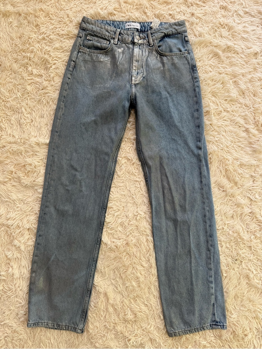 Zara Metallic Silver Wash Jeans High Rise Straight Leg Denim Size 4 EU36